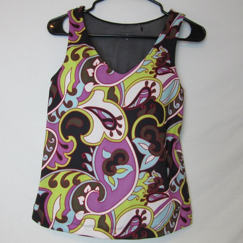 Athleta Tankini Racerback Multicolor Paisley Swim Small 34B Built in Bra Padded